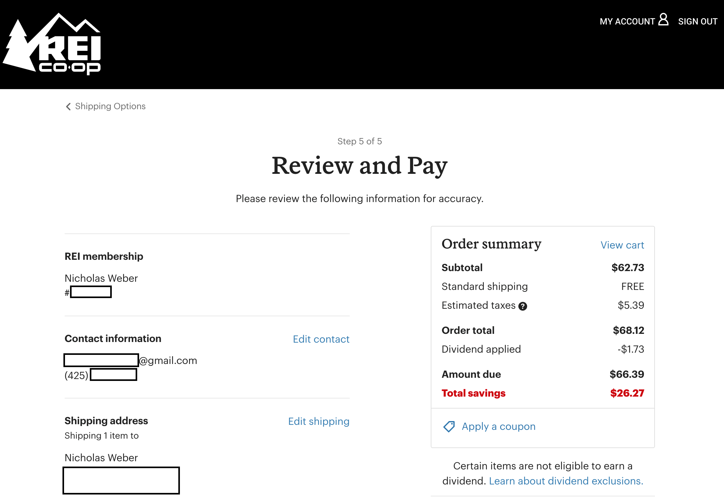 REI Checkout mobile view