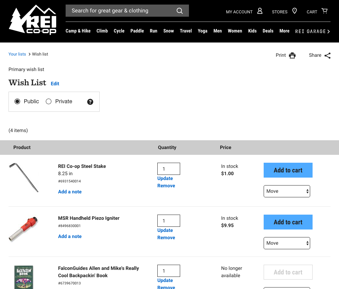 New REI.com Wish List View